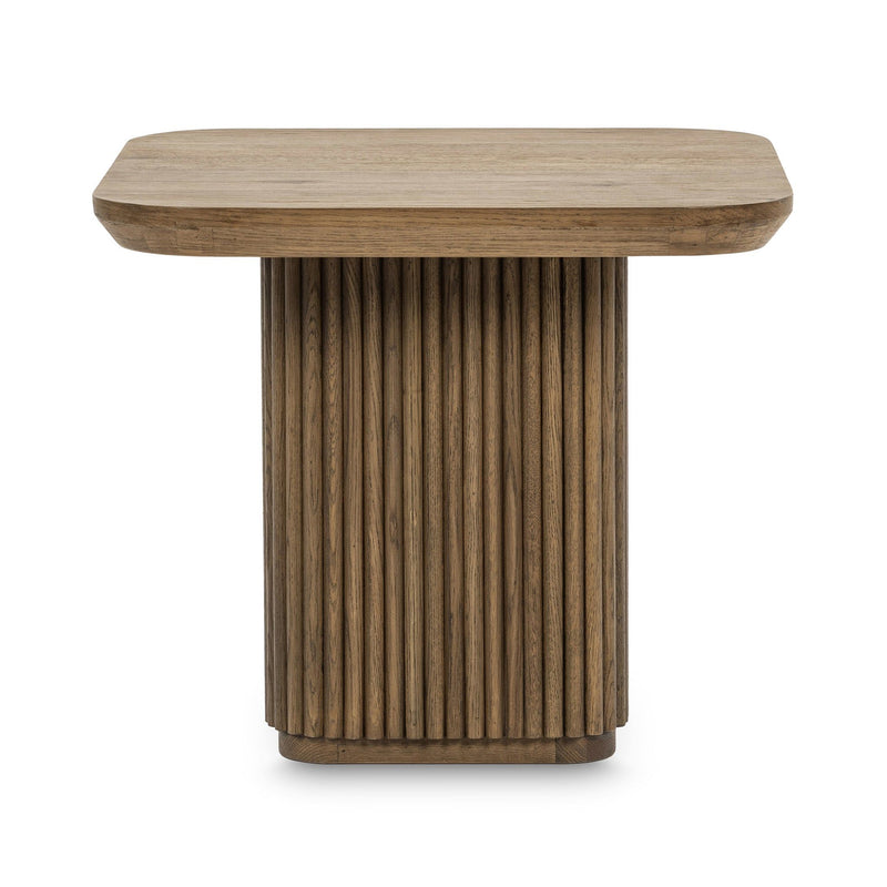 Cream washed solid wood square end table with rounded top and vertical slat pedestal