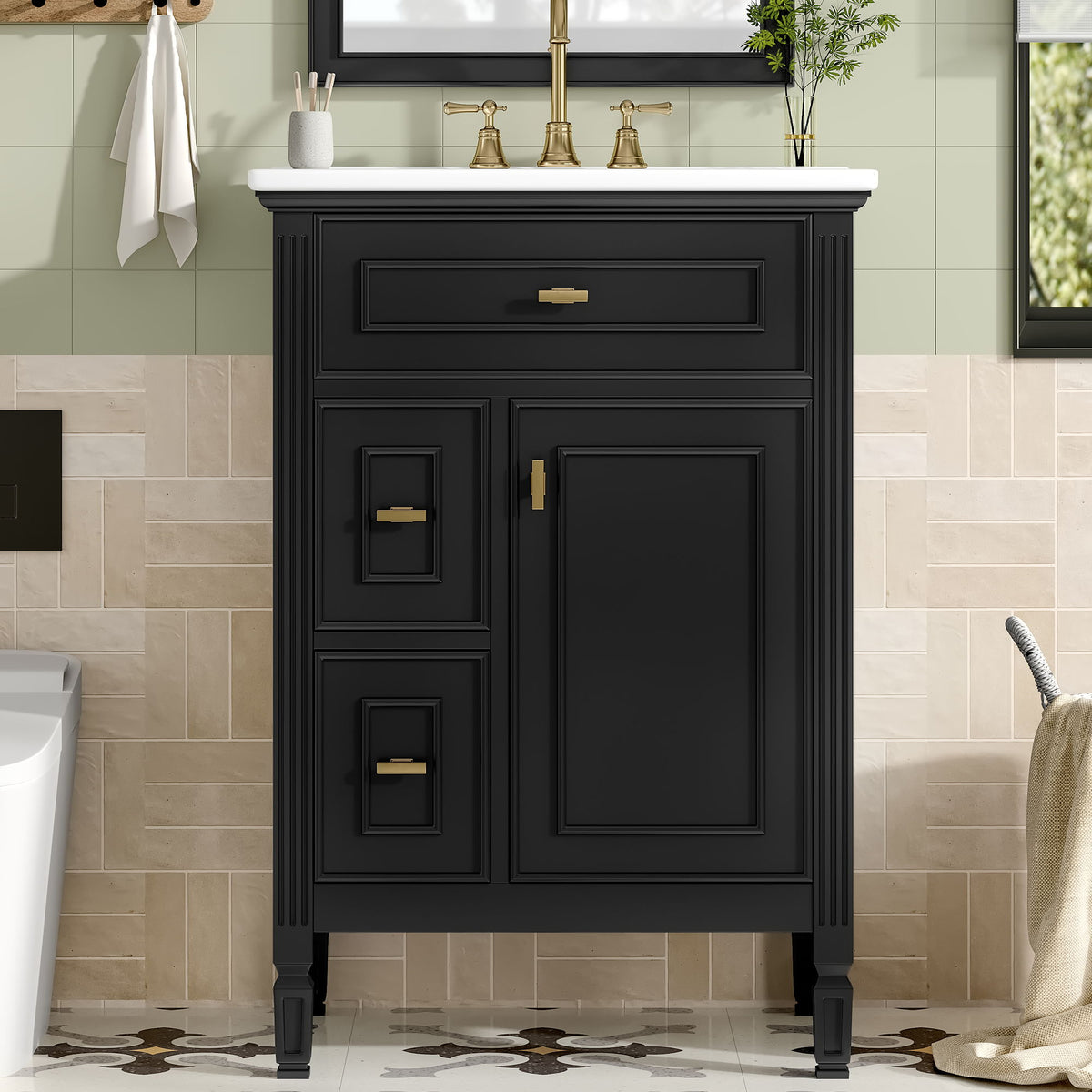 Bathroom Vanity With Sink, Flip Drawer, 2 Drawers, Adjustable Shelf