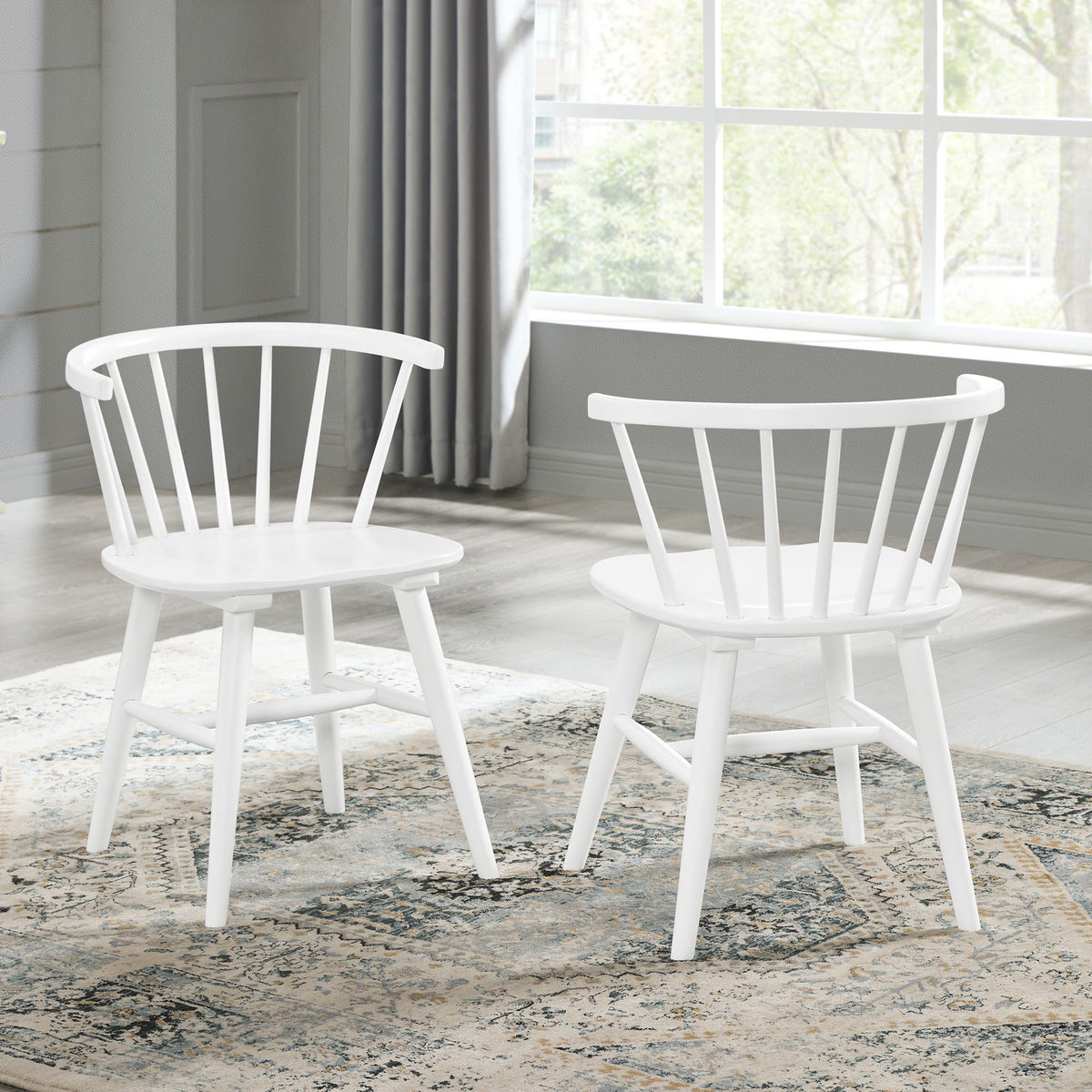 Roundhill - 5 Piece Dining Set, Dining Table With 4 Windsor Chairs - Brown / Antique White