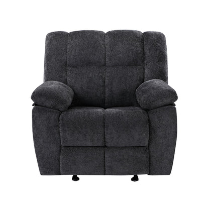 Black fabric glider recliner chair with padded arms and tufted back cushions