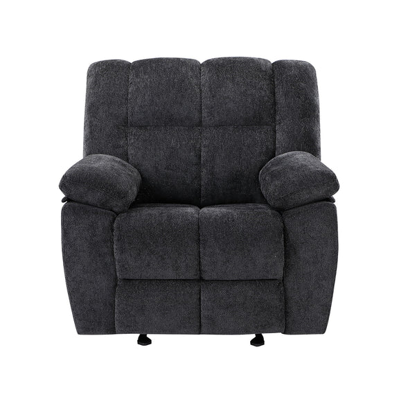 Black fabric glider recliner chair with padded arms and tufted back cushions