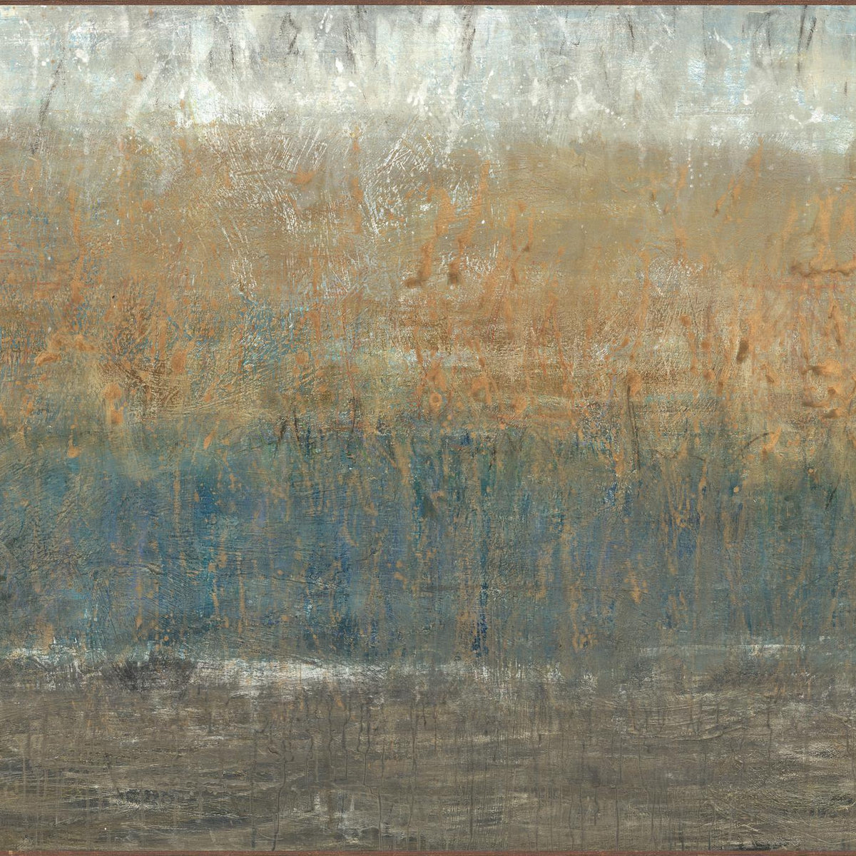 Abstract canvas wall art with weathered blue-gray left, golden tan right, rough texture