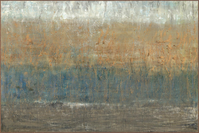 Abstract canvas wall art with weathered blue-gray left, golden tan right, rough texture