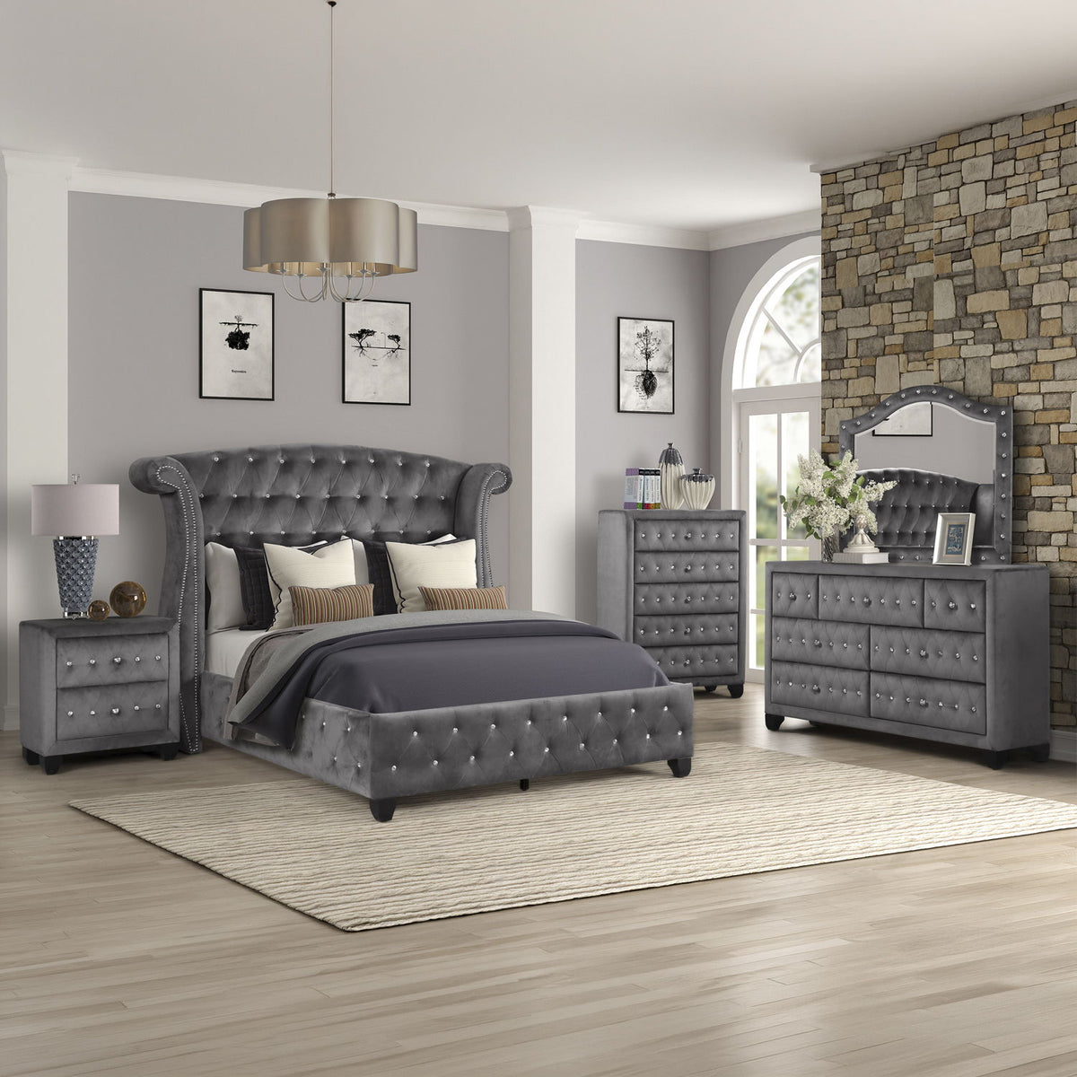 Tufted upholstered bedroom set in dark gray: bed, nightstand and dresser