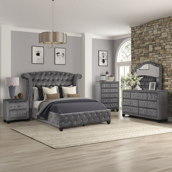 Tufted upholstered bedroom set in dark gray: bed, nightstand and dresser