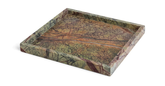 Rectangular multi-color marble tray with green and brown marbling and raised rim.