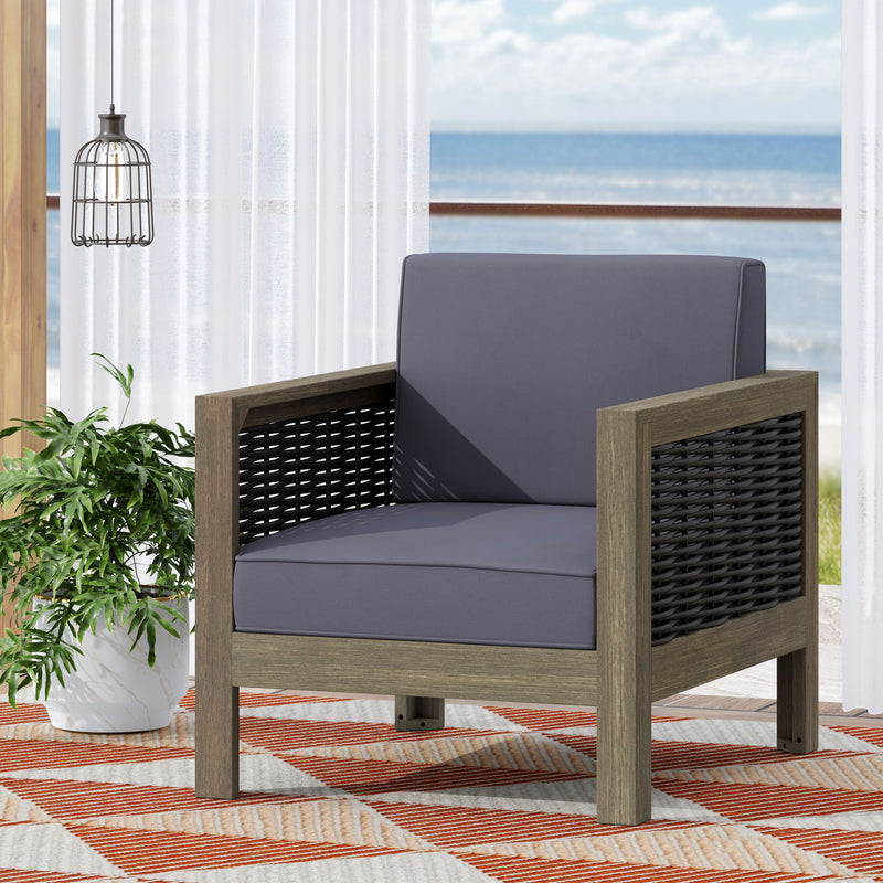 Outdoor Acacia Wood Club Chair With Wicker Accents