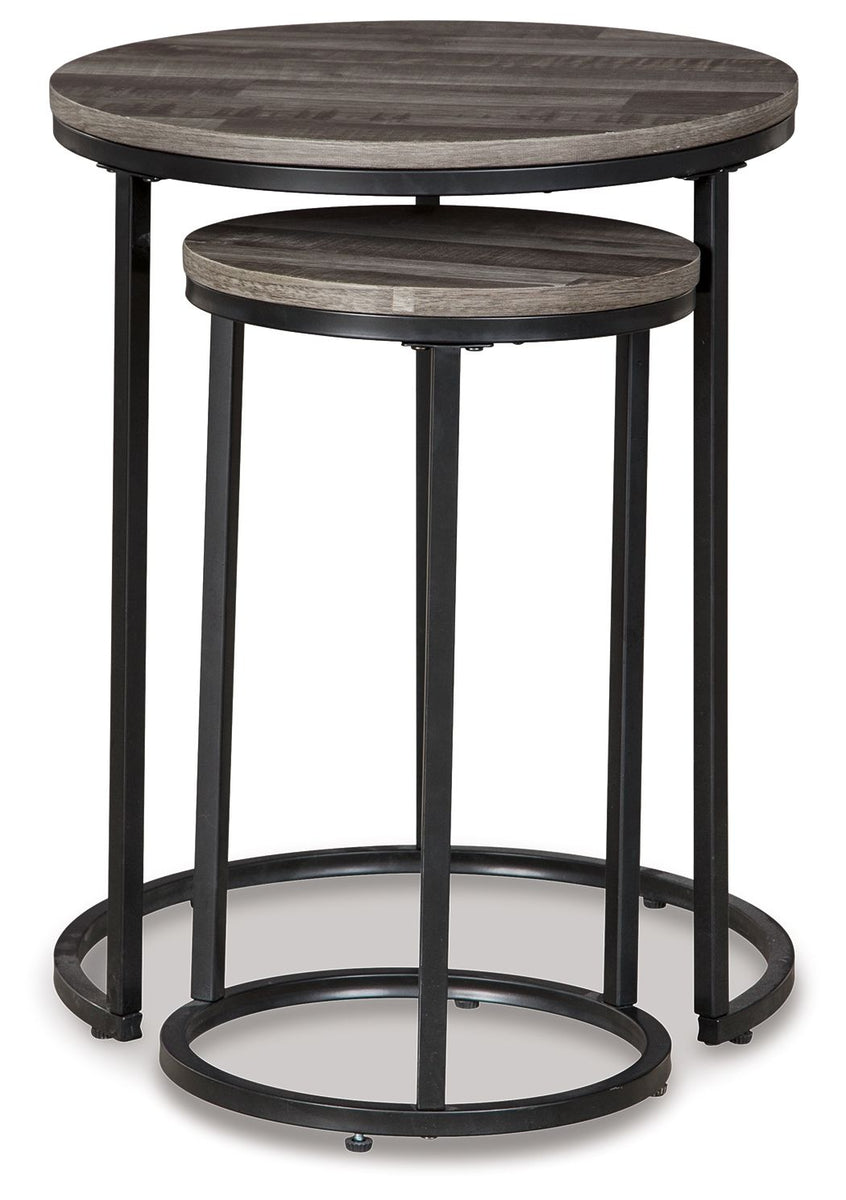 Round nesting accent tables set of 2 with gray wood tops and black metal legs
