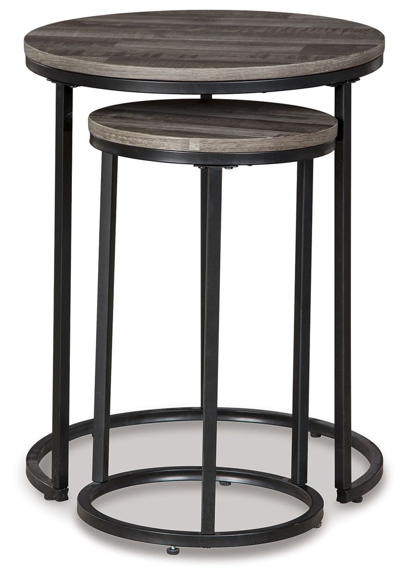 Round nesting accent tables set of 2 with gray wood tops and black metal legs