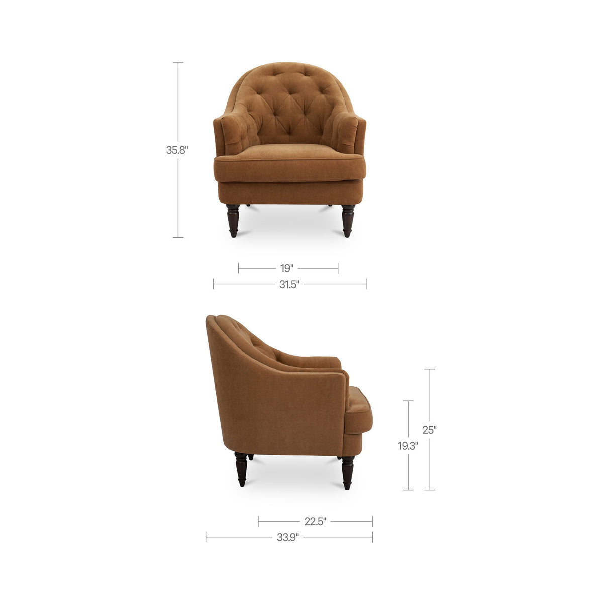 Ginger accent chair showing dimensions, tufted back, curved arms, and dark legs