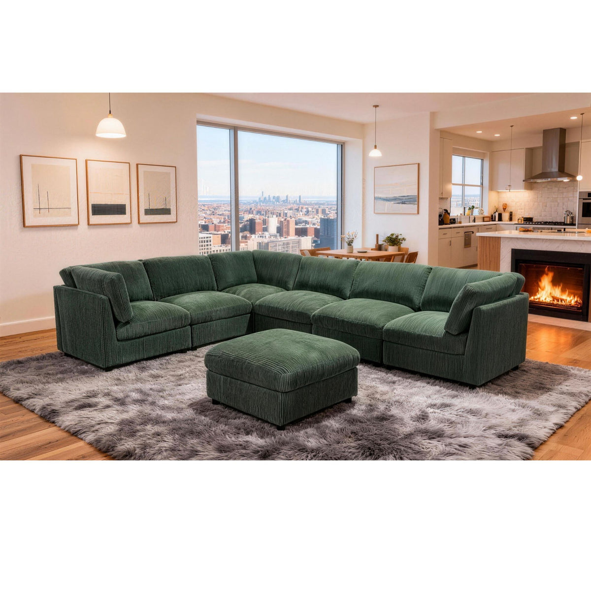 Dark green modular sectional sofa with ottoman, contemporary living room seating arrangement