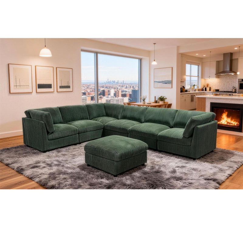 Dark green modular sectional sofa with ottoman, contemporary living room seating arrangement