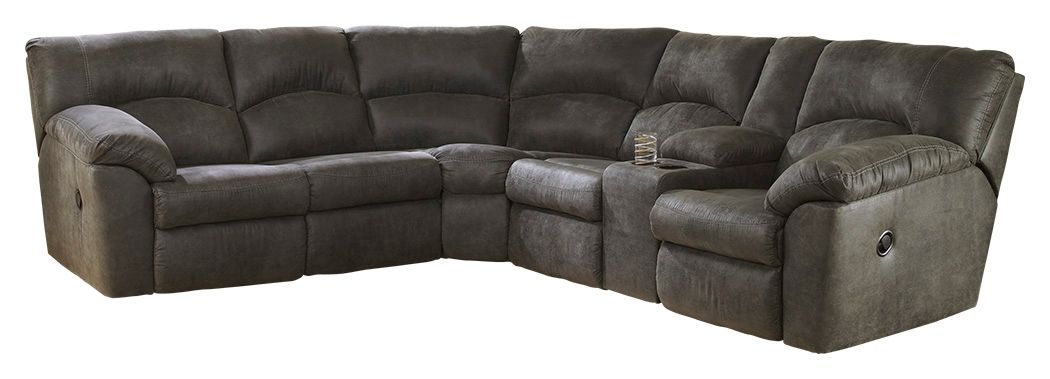 Pewter right-arm facing sectional sofa with console, tufted padded arms and back