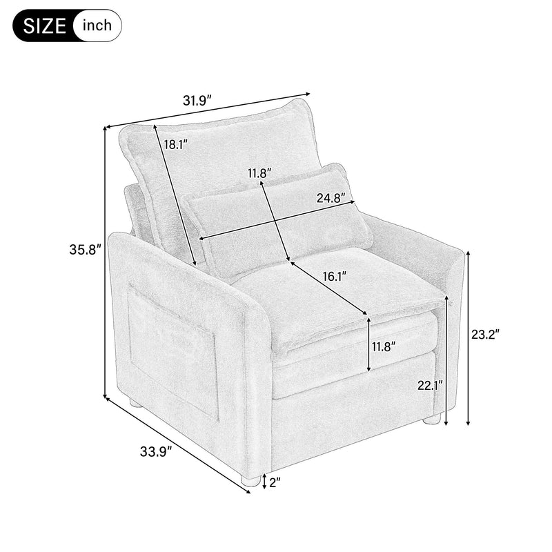 Light gray single-seat armchair with seat cushion and side storage pocket