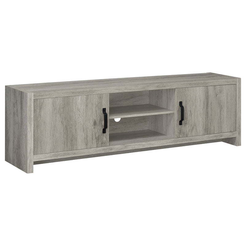 Gray TV stand with two open shelves and adjustable interior compartments