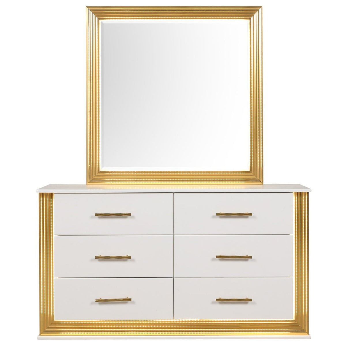 Obsession square mirror with white and gold frame above white drawer cabinet