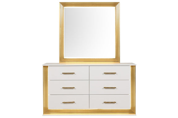 Obsession square mirror with white and gold frame above white drawer cabinet