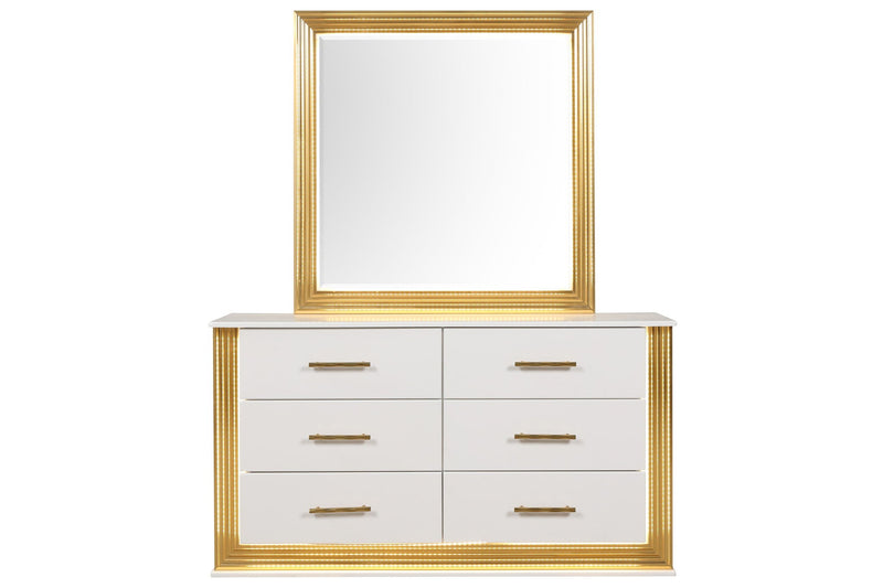 Obsession square mirror with white and gold frame above white drawer cabinet
