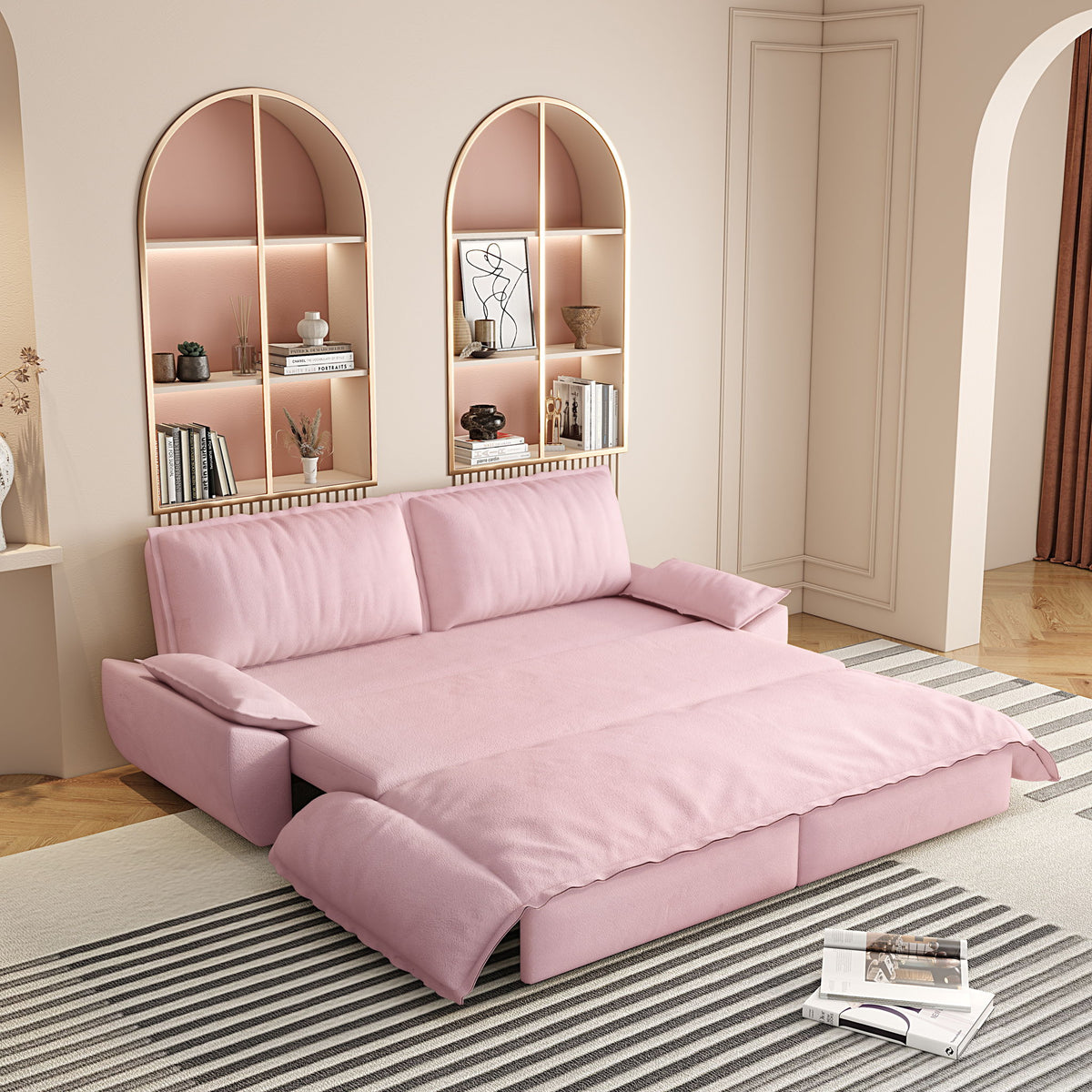 Pink sleeper sofa bed with pull-out mattress and two folded side bolsters