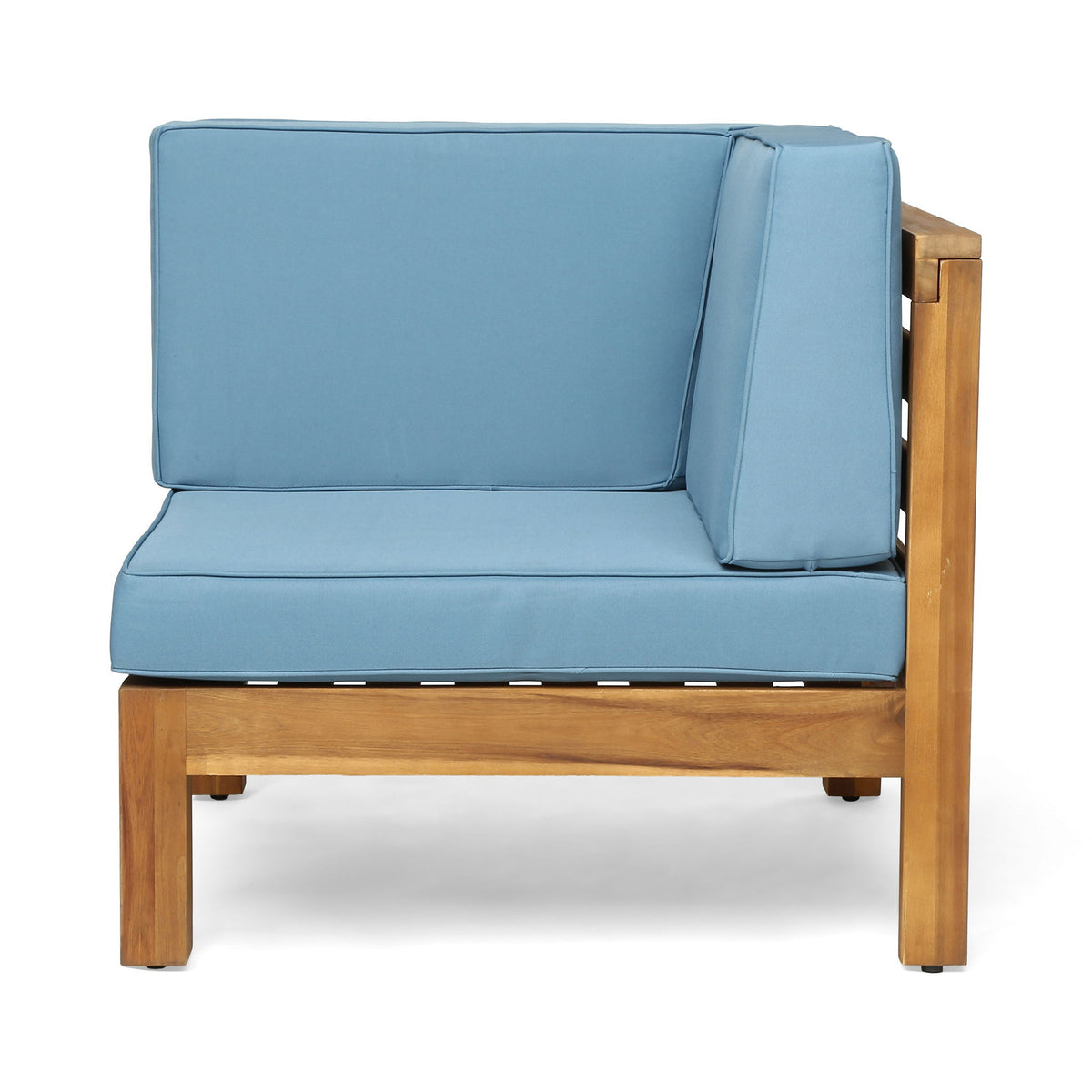 Light blue outdoor loveseat with curved back cushion and wood side frame