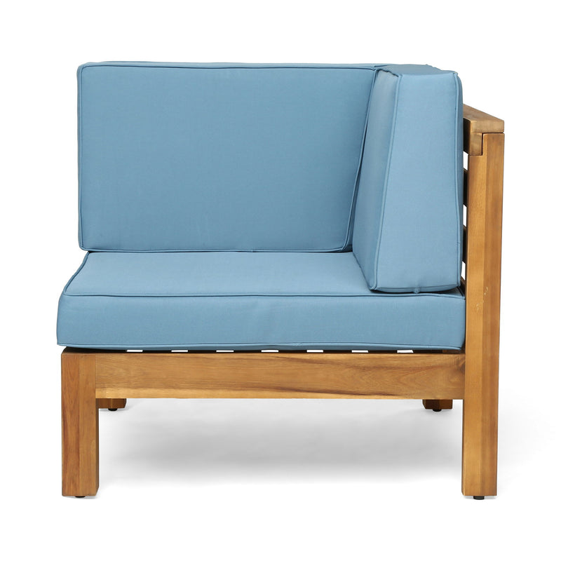 Light blue outdoor loveseat with curved back cushion and wood side frame