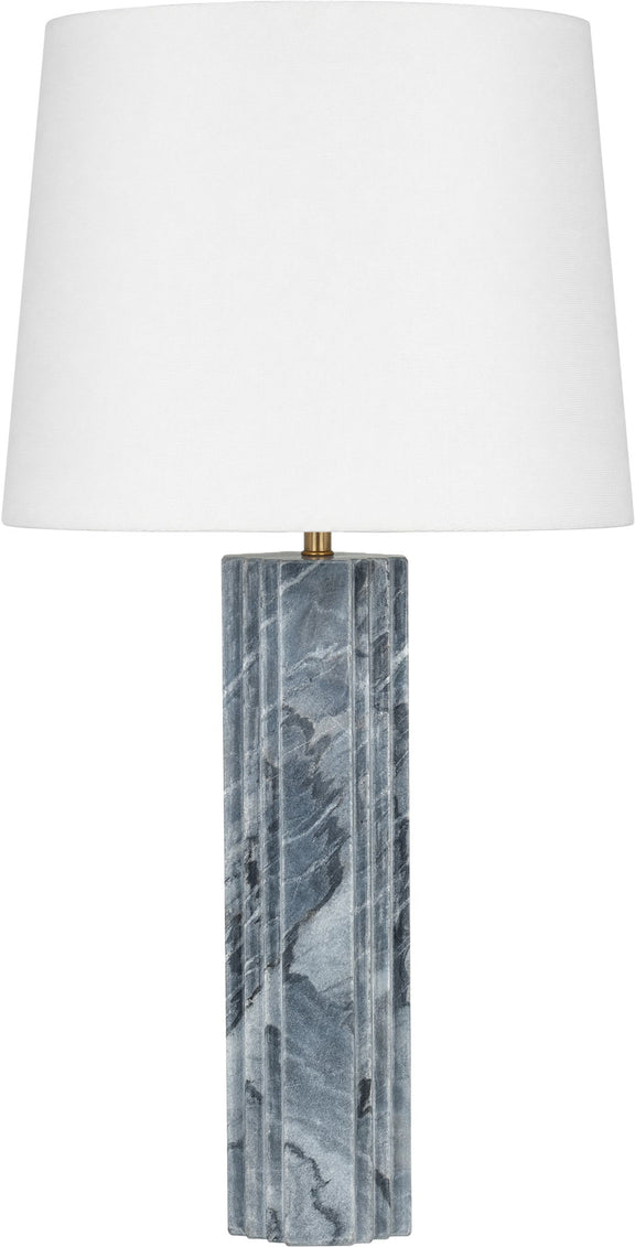 Table lamp with white fabric shade and blue-gray textured column base
