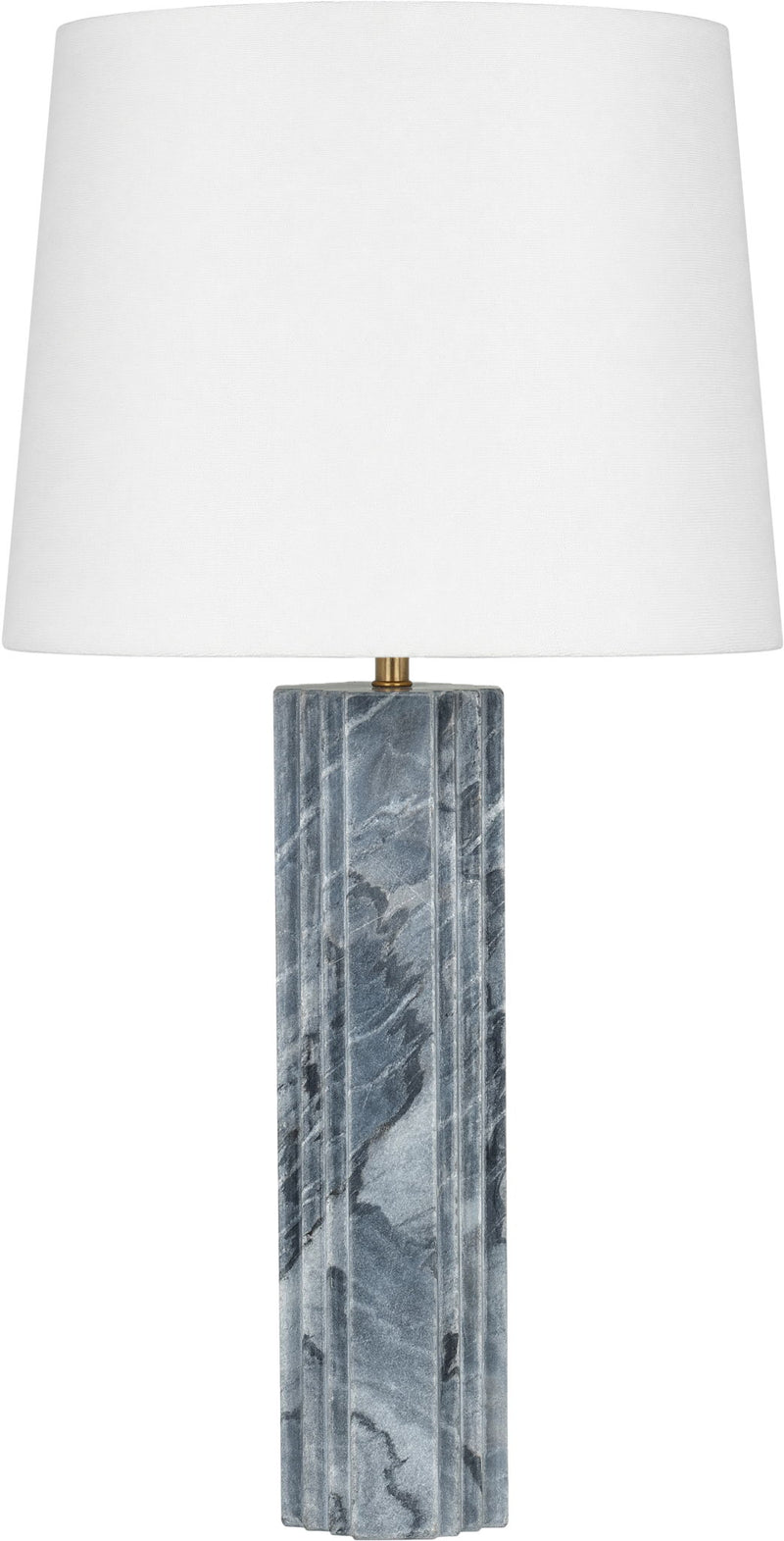 Table lamp with white fabric shade and blue-gray textured column base