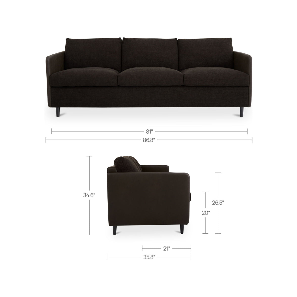 Dark warm black sofa with size diagram, three seat cushions, boxy back, tapered legs.