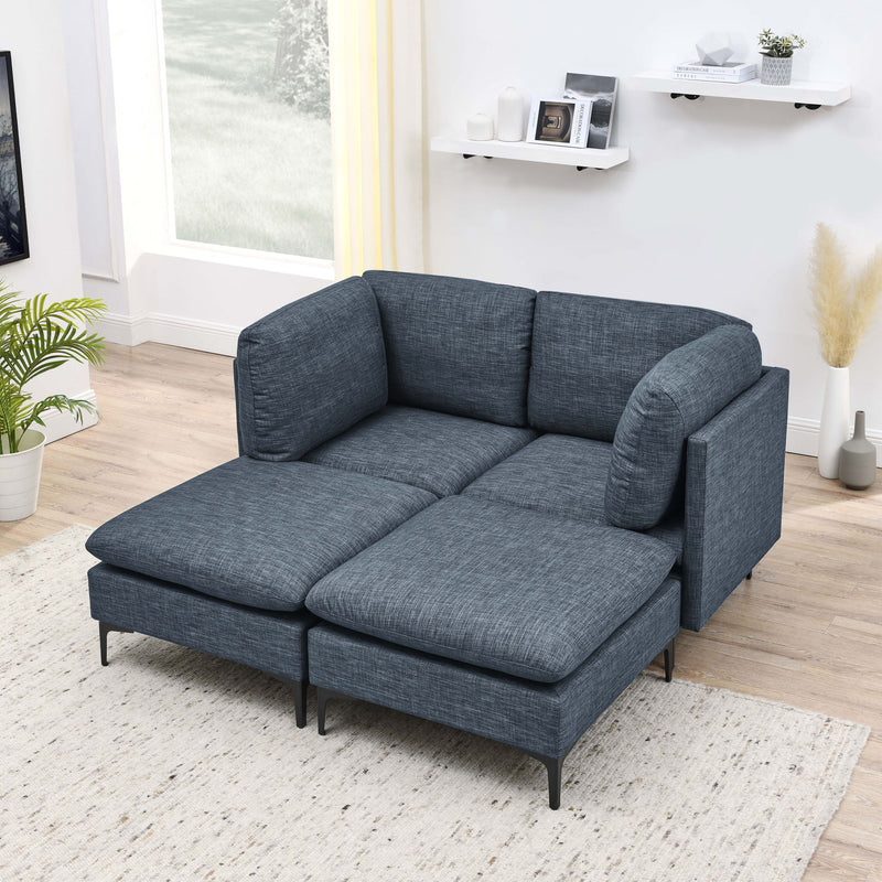 Blue modular sectional sofa with tall legs and chaise ottoman, deep seat cushions