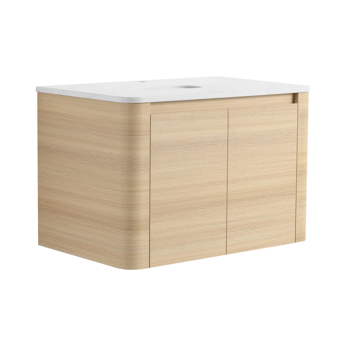 Light wood vanity cabinet with white countertop and two panel doors, oval opening