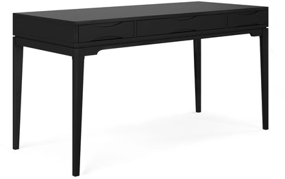 Black handcrafted desk with two drawer fronts and tapered legs
