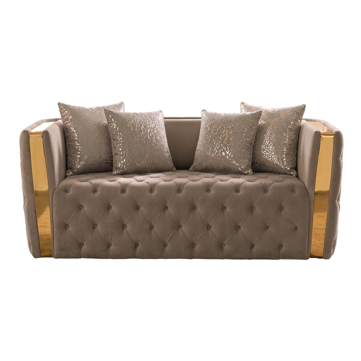 Taupe button-tufted loveseat with diamond tufting, two-tone cushions, and gold side arms