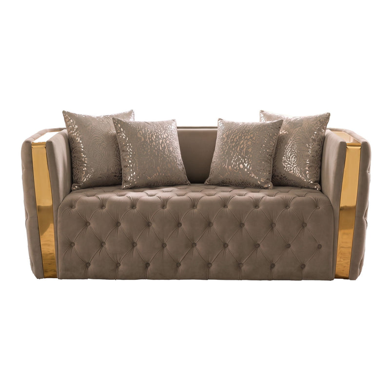 Taupe button-tufted loveseat with diamond tufting, two-tone cushions, and gold side arms