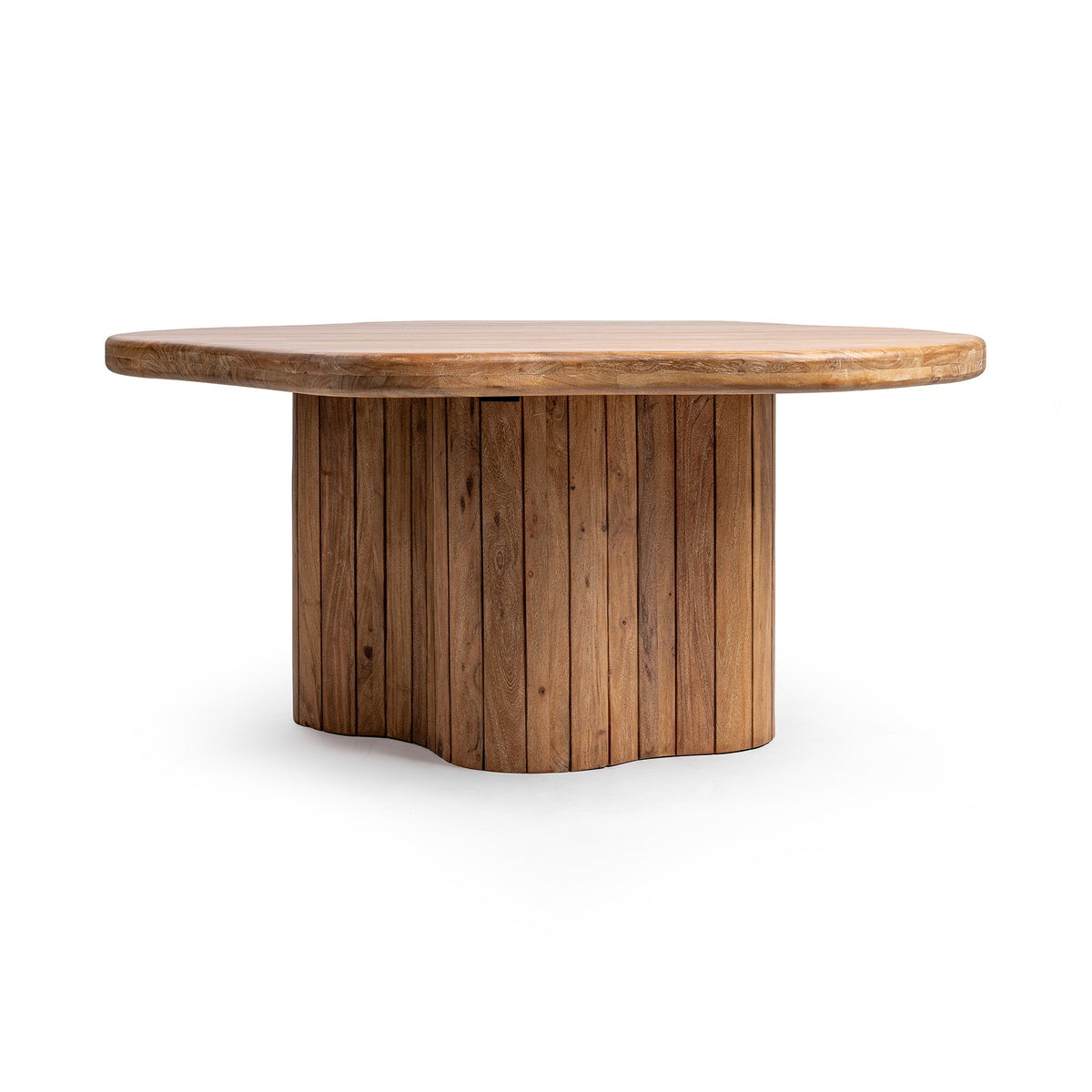 Round dining table with warm wood grain top and vertical slat pedestal base