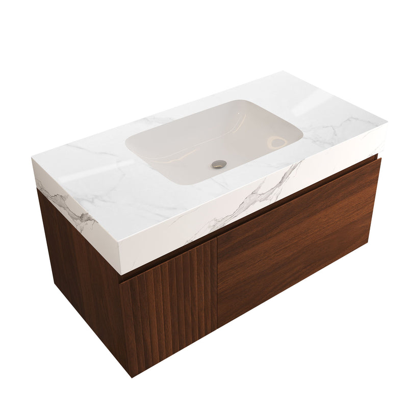 Wall-mounted walnut bathroom vanity with white marble-look basin and one drawer and cabinet