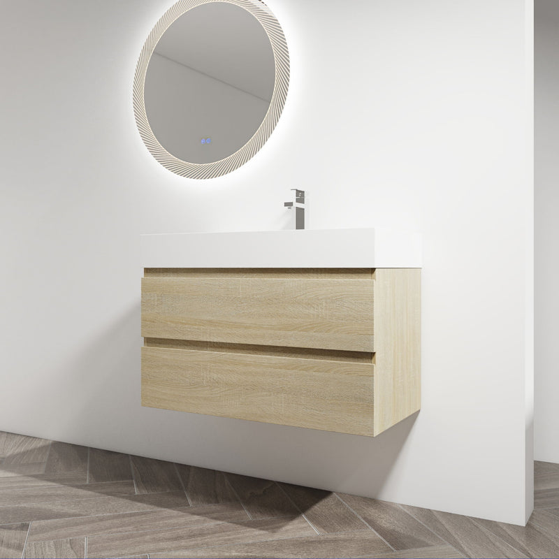 Wall-mounted bathroom vanity with white countertop sink and faucet; light brown cabinet with drawers