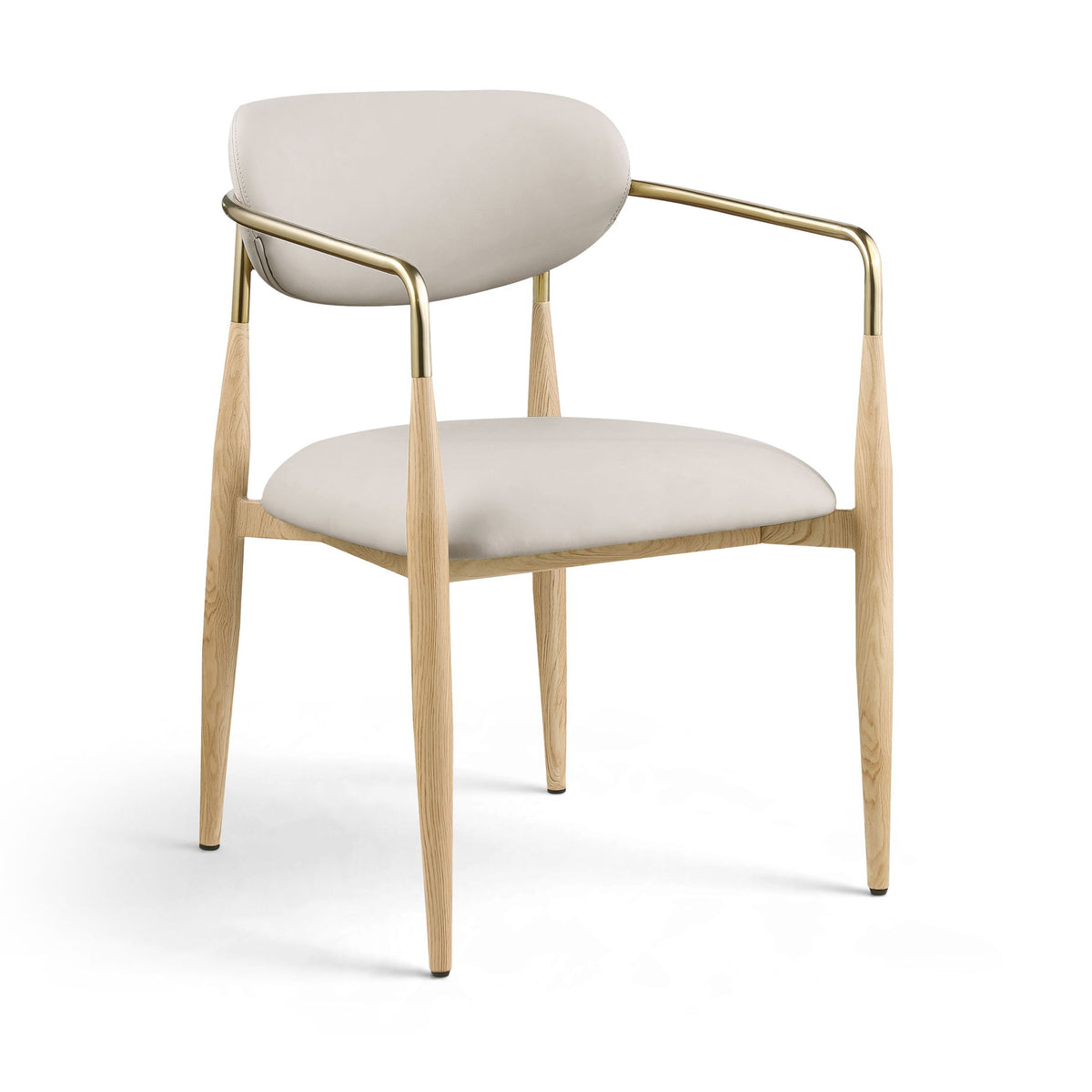 Dining arm chair with light upholstery seat and back, light wood legs, gold-tone frame