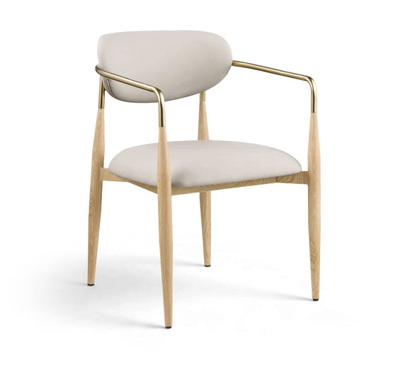 Dining arm chair with light upholstery seat and back, light wood legs, gold-tone frame