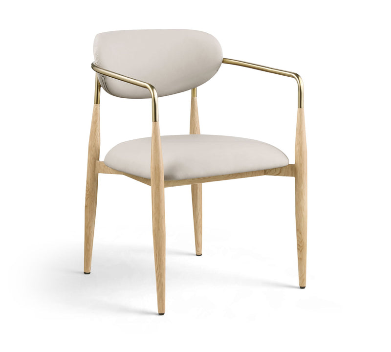 Dining arm chair with light upholstery seat and back, light wood legs, gold-tone frame