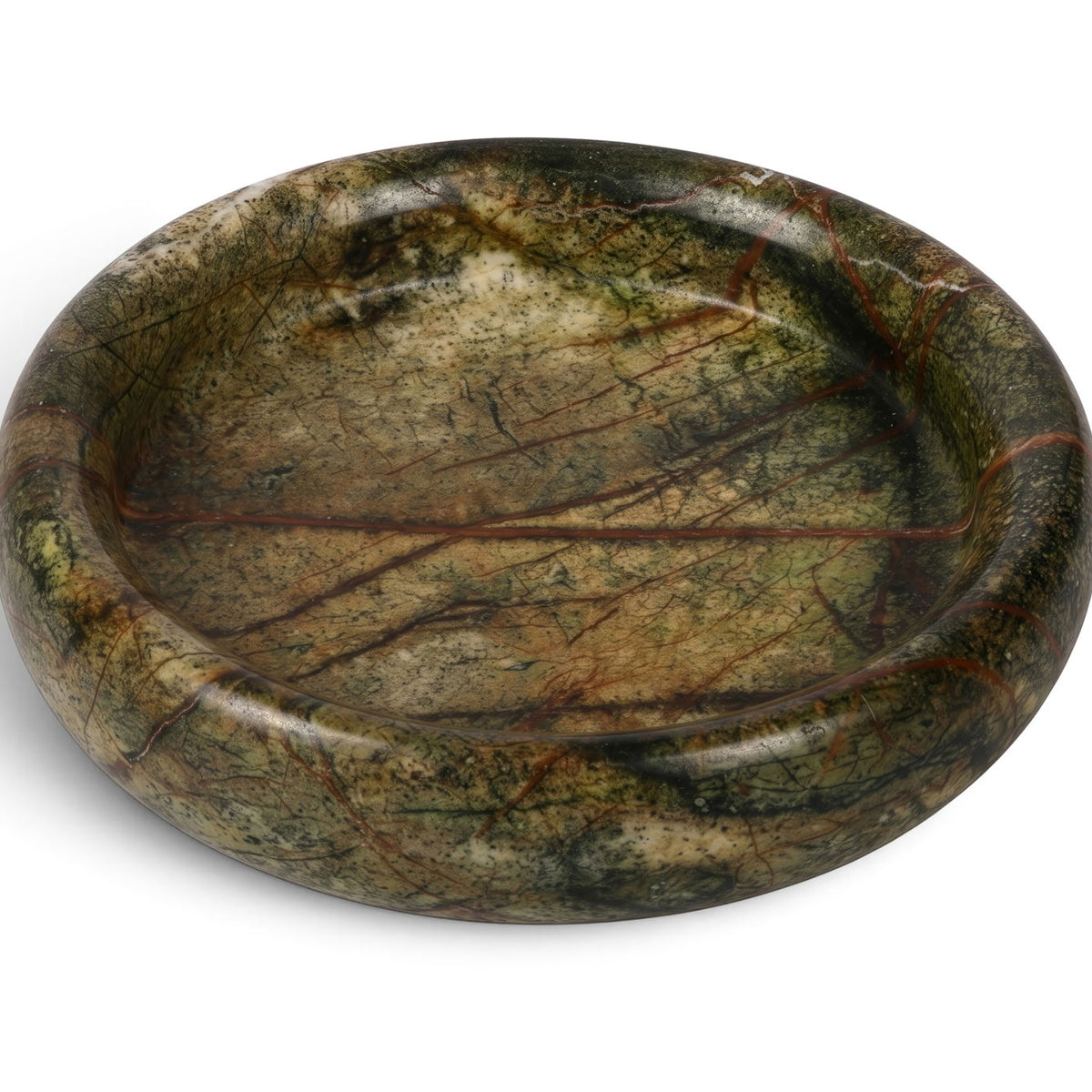 Green marble round tray with marbled veining and smooth rounded rim.