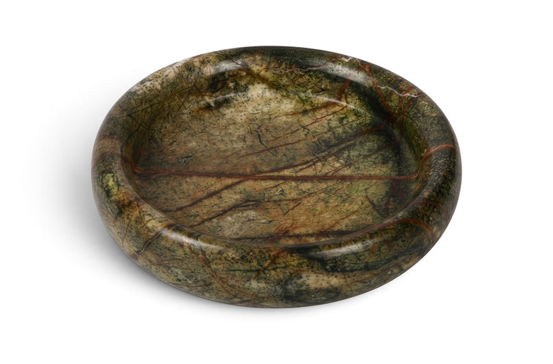 Green marble round tray with marbled veining and smooth rounded rim.