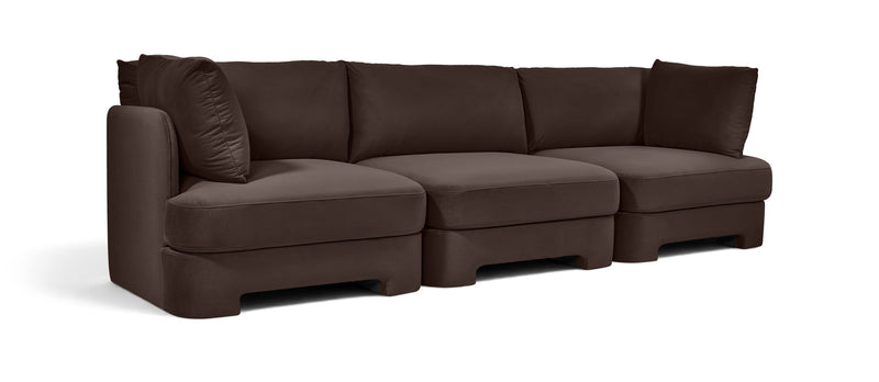 Dark brown upholstered 3-piece velvet sofa with tufted seat and back cushions