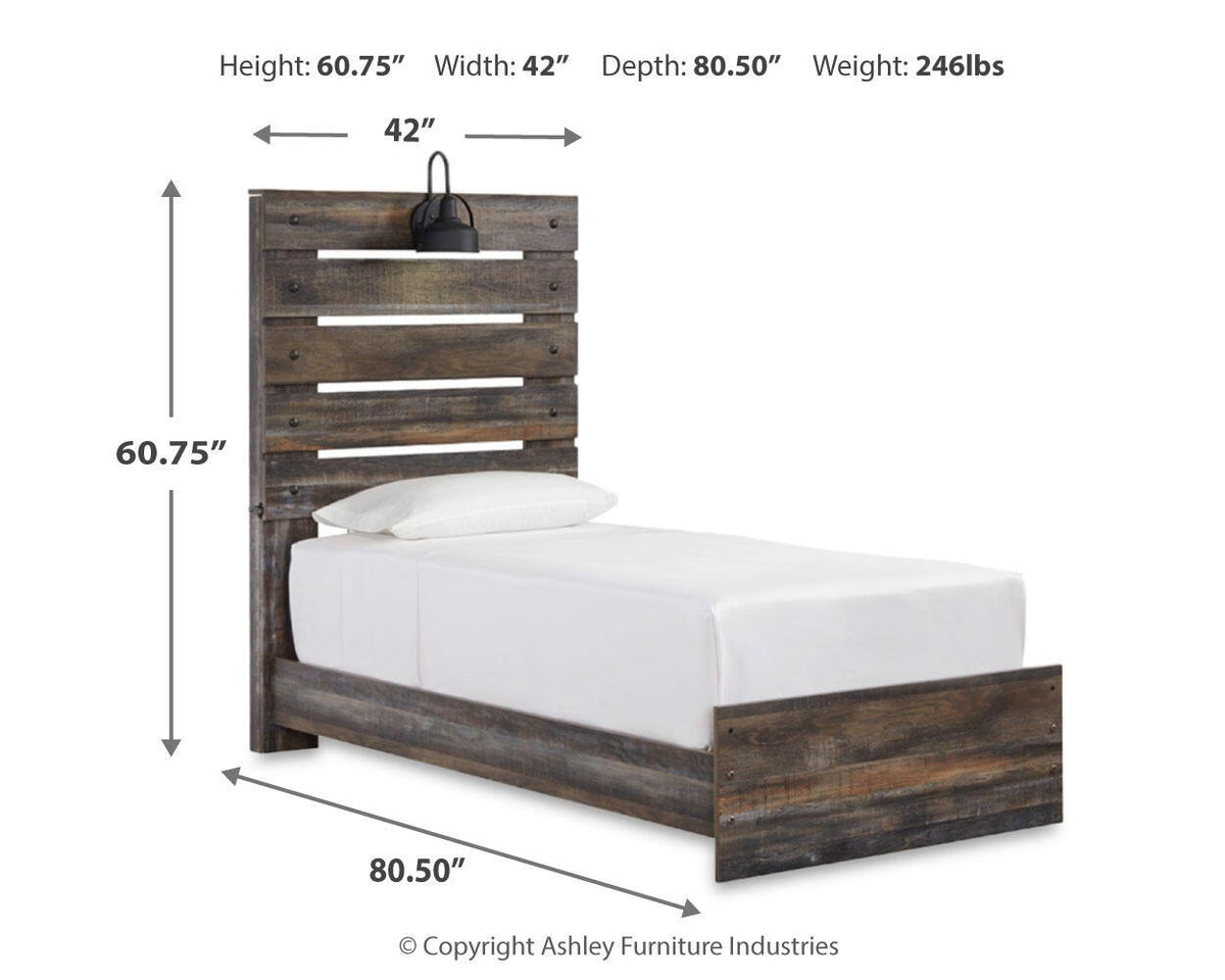 Panel bed with dark wood finish, slat headboard, and side storage drawer fronts