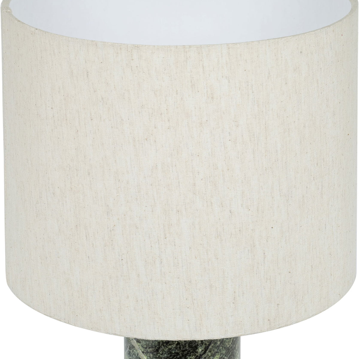 Textured fabric table lamp with beige drum shade and green stone-textured base