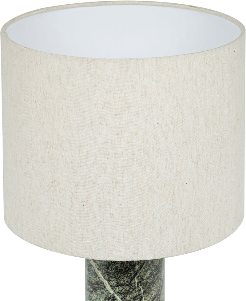 Textured fabric table lamp with beige drum shade and green stone-textured base