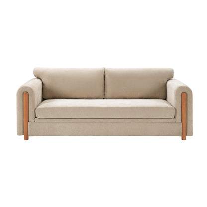 3-seater upholstered couch in beige with square arms and wooden legs