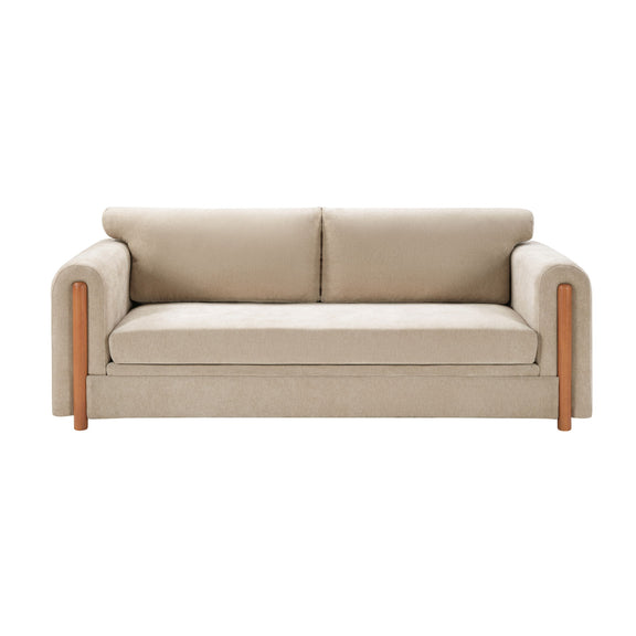 3-seater upholstered couch in beige with square arms and wooden legs