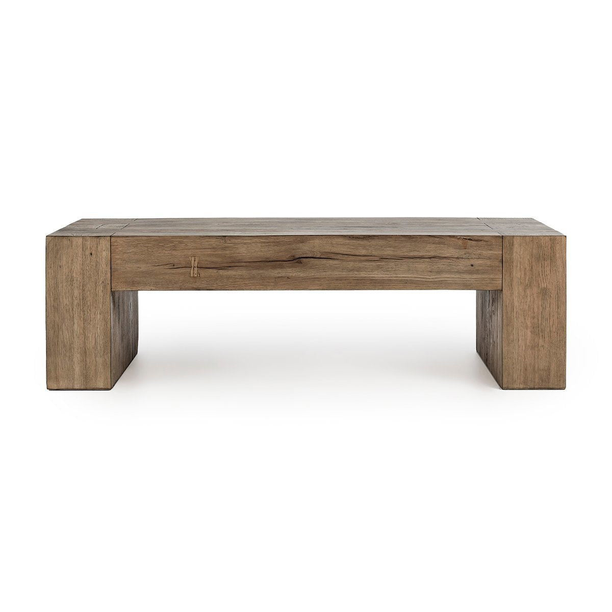 Reclaimed oak low table with wide block legs, dark reclaimed wood top
