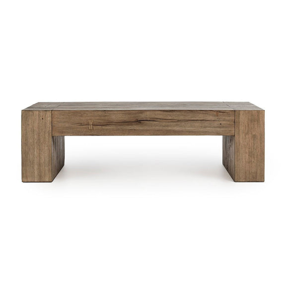 Reclaimed oak low table with wide block legs, dark reclaimed wood top
