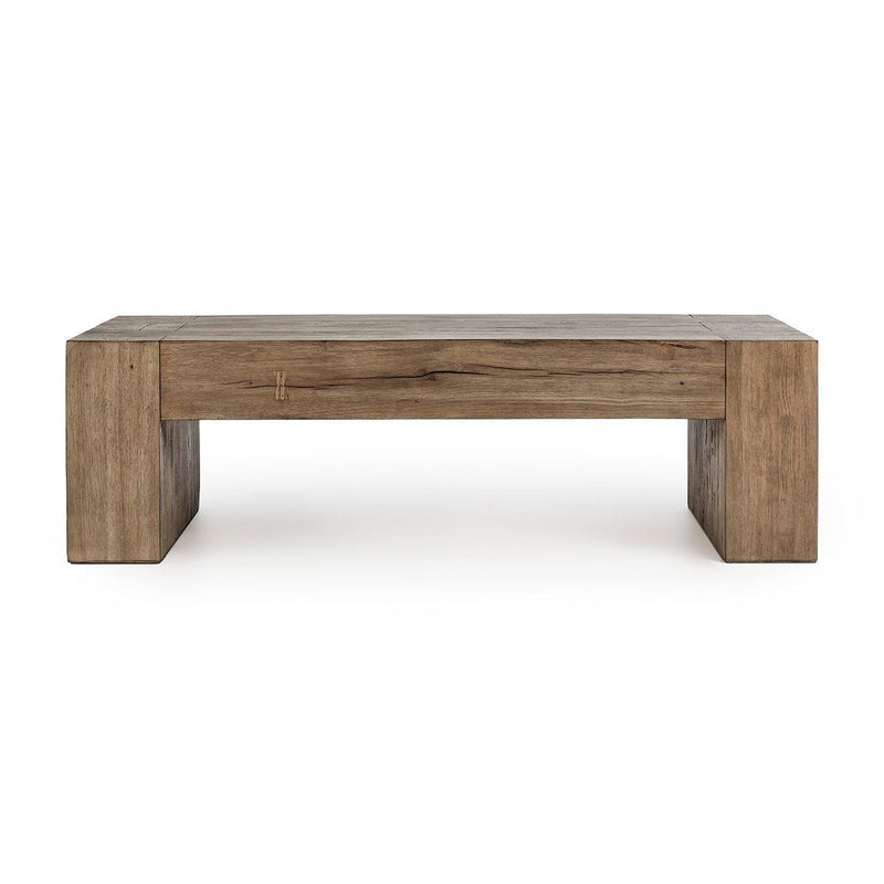 Reclaimed oak low table with wide block legs, dark reclaimed wood top